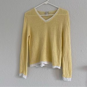 Avalin small 100% linen sweater yellow/white long sleeve V-neck